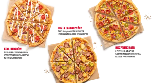 Trzy pizze: Król Kebabów, Uczta Barbarzyńcy i Hiszpański Łotr. Różne rozmiary pizzy i składniki.