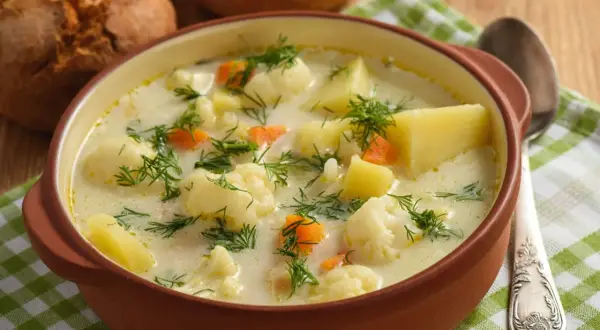 Aksamitna zupa kalafiorowa jak u babci, z ziemniakami i marchewką, posypana koperkiem. Obok bułeczki i łyżka.