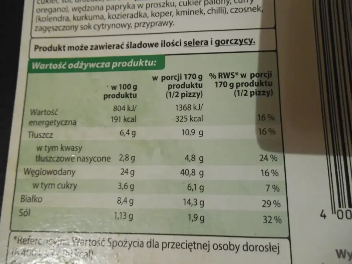 Tabela wartości odżywczych pizzy. Czy pizza Guseppe jest zdrowa? 1 porcja (1/2 pizzy) to 325 kcal, 10,9g tłuszczu, 40,8g węglowodanów, 6,1g cukru, 14,3g białka, 1,9g soli.