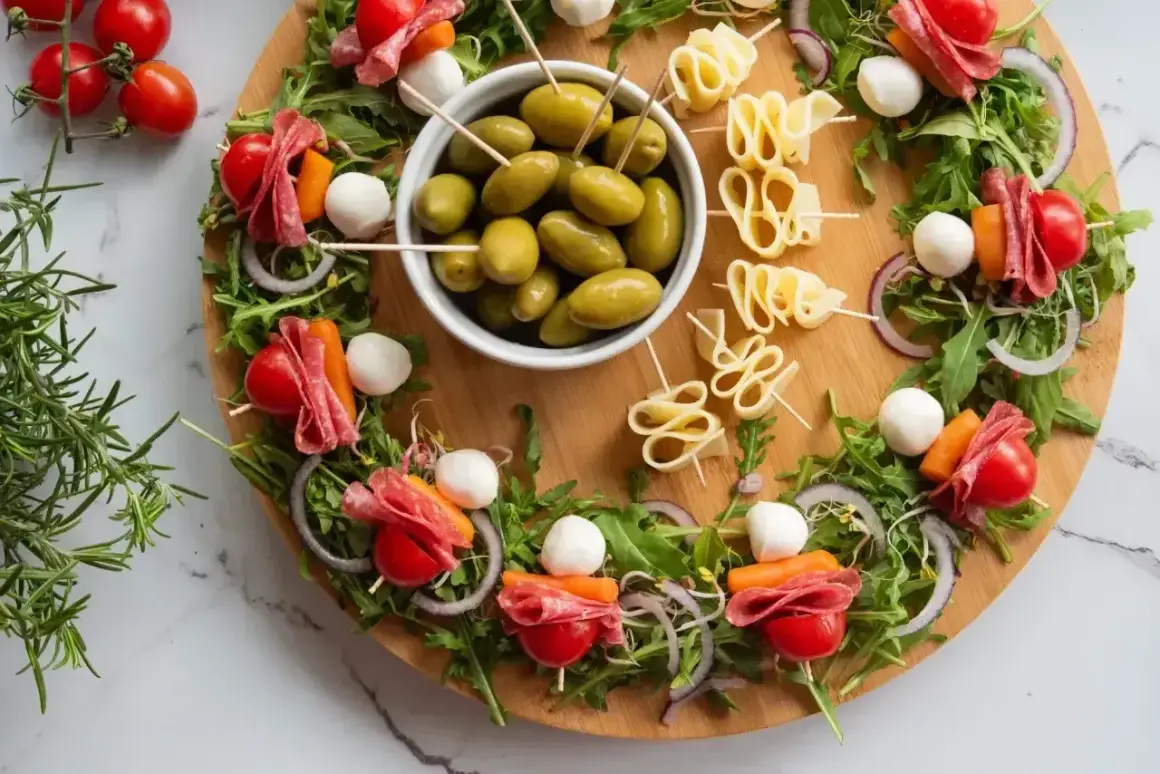 Kolorowa deska z przekąskami: szaszłyki z pomidorkami, mozzarellą, salami i marchewką, oliwki, ser do sałatek.