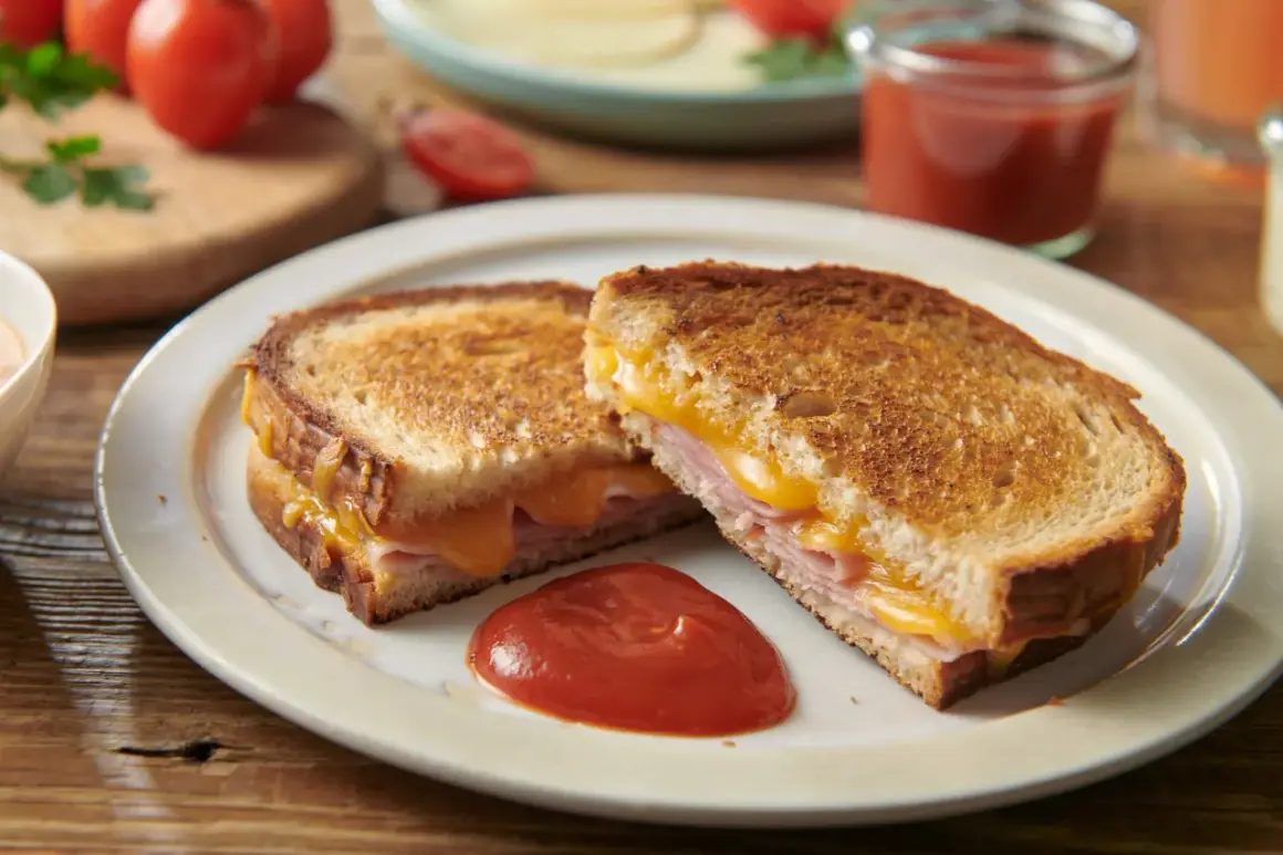 Złociste tosty z patelni z rozpływającym się serem i szynką, podane z ketchupem. Idealne na szybki posiłek.