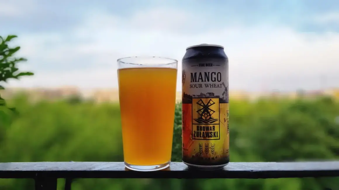 Szklanka z bursztynowym piwem i puszka mango sour ale od Browaru Żulawski na tle zieleni.