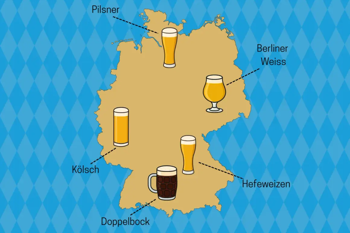 Mapa Niemiec z zaznaczonymi piwami: Pilsner, Kölsch, Doppelbock, Berliner Weisse i Hefeweizen.