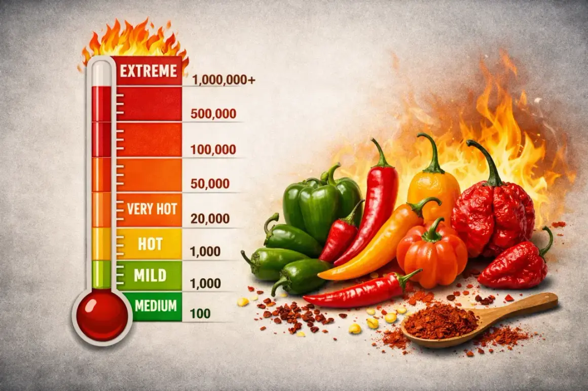 Termometr ostrości z papryczkami chili i płomieniami. Skala od "Medium" do "Extreme" pokazuje, że to najostrzejsza kuchnia świata.