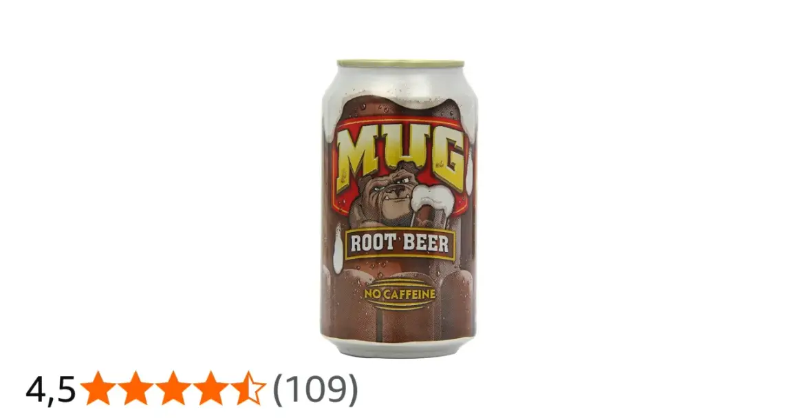 Puszka piwa korzennego Mug Root Beer z buldogiem. Napój bezkofeinowy.