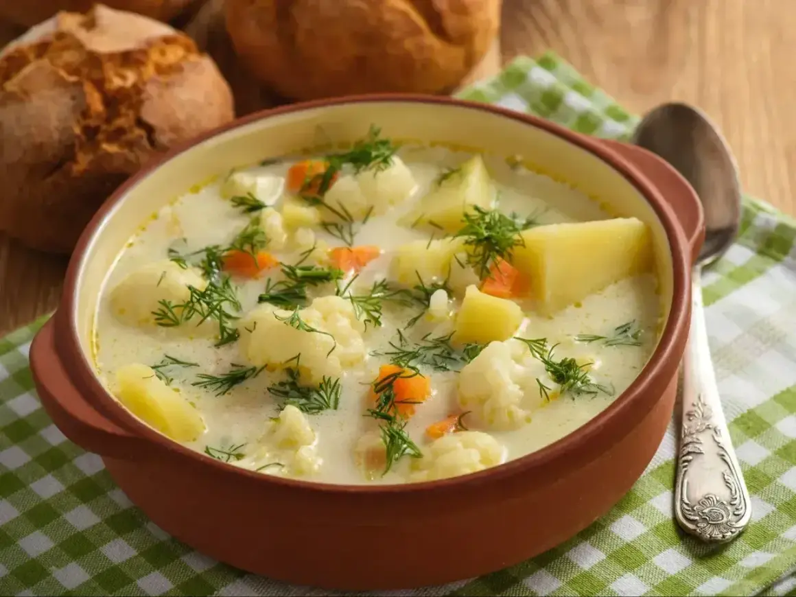 Kremowa zupa z kalafiora i ziemniaków, posypana koperkiem. Idealna na chłodne dni, jedna z tych dobrych zup domowych.