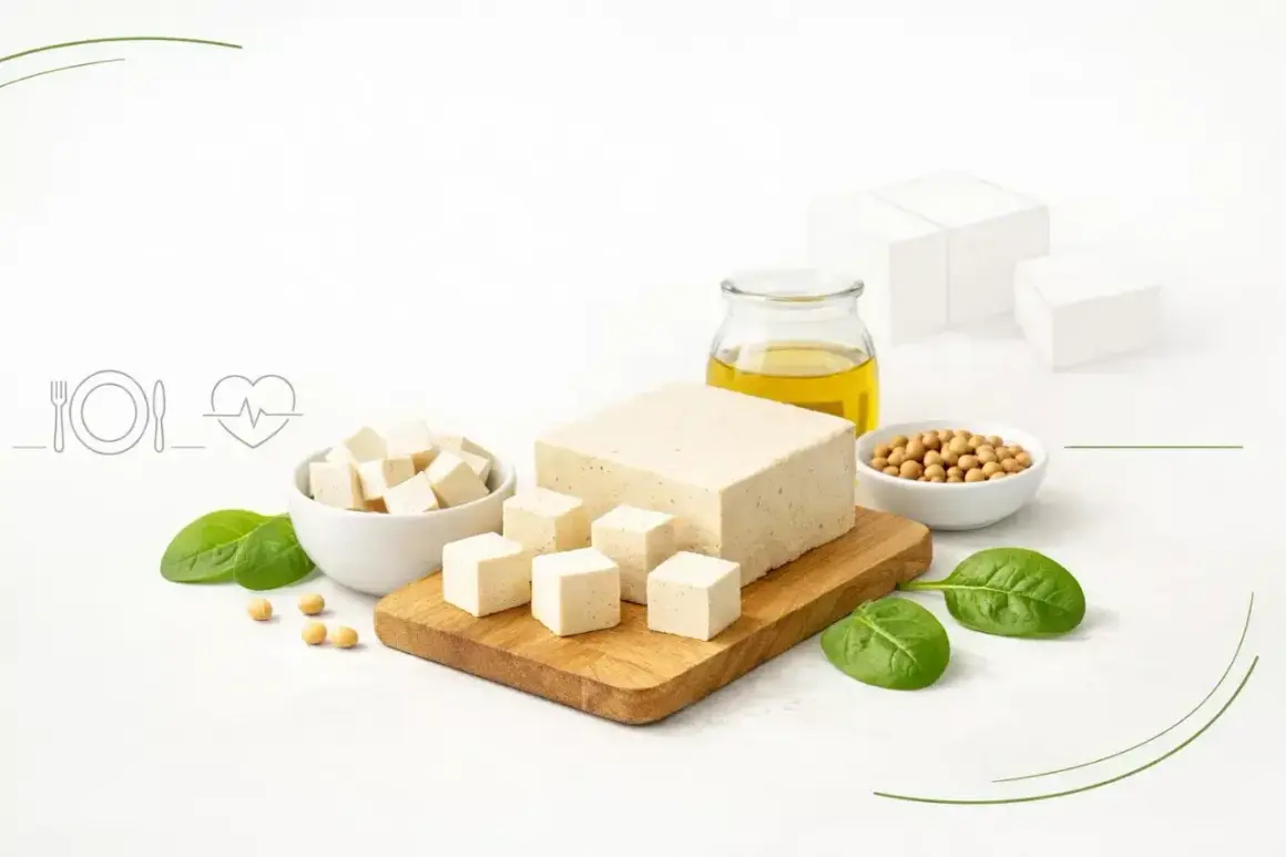 Kostki tofu, oliwa, soja i szpinak. Czy tofu jest kaloryczne? Zależy od sposobu przygotowania, ale samo w sobie jest zdrowe.