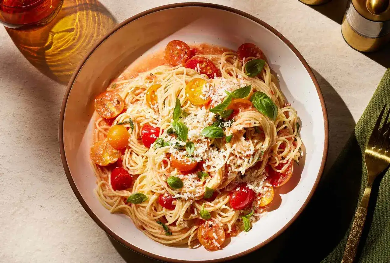 Pyszne włoskie dania z makaronem, jak spaghetti z pomidorkami i bazylią, posypane parmezanem.