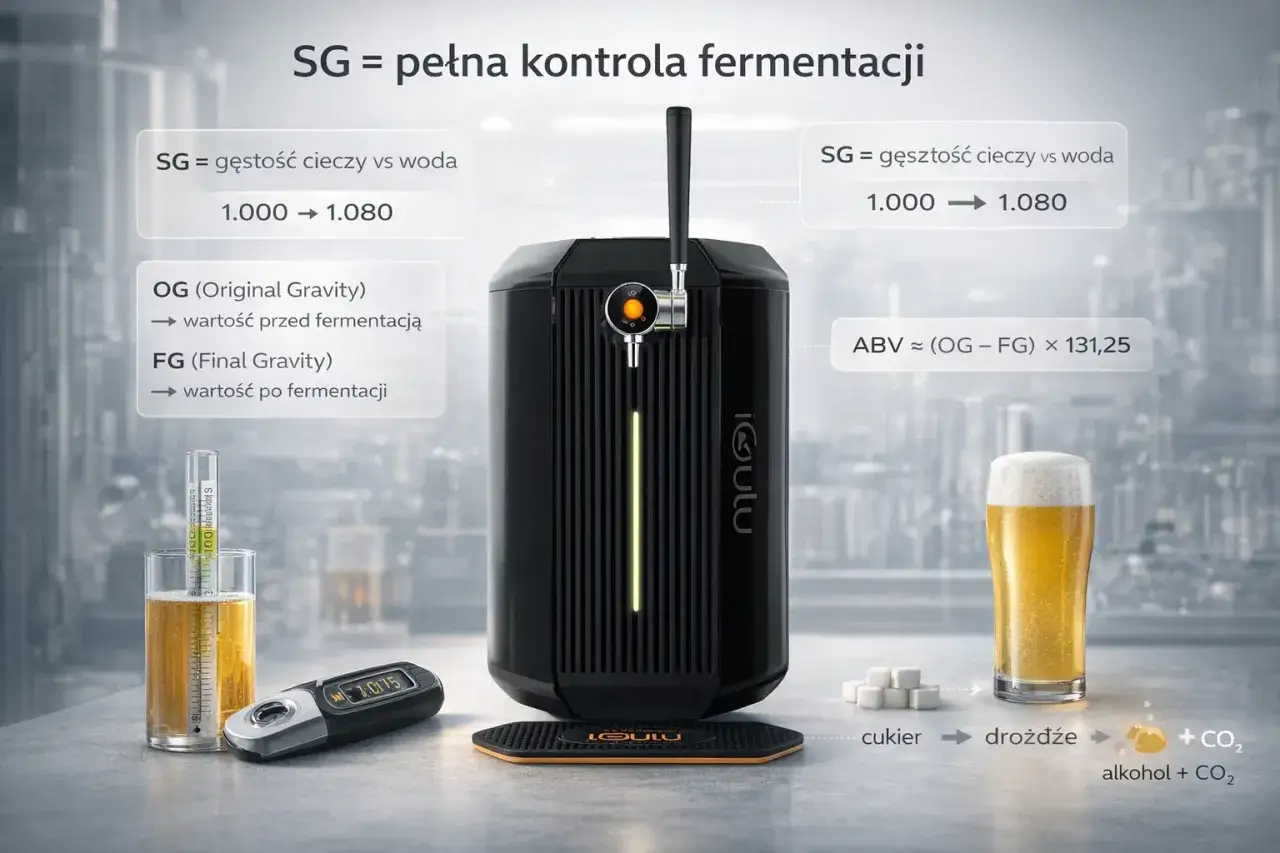 Kontrola fermentacji piwa: SG (gęstość) przed i po, alkohol, drożdże, cukier i CO₂.