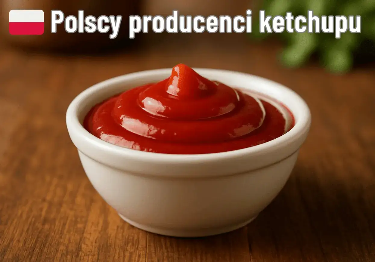 Biała miseczka pełna gęstego, czerwonego ketchupu, jak pierwszy ketchup w Polsce.