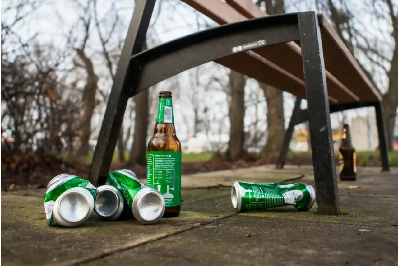 Pusta butelka piwa w plastikowej butelce i pogniecione puszki leżą pod ławką w parku.