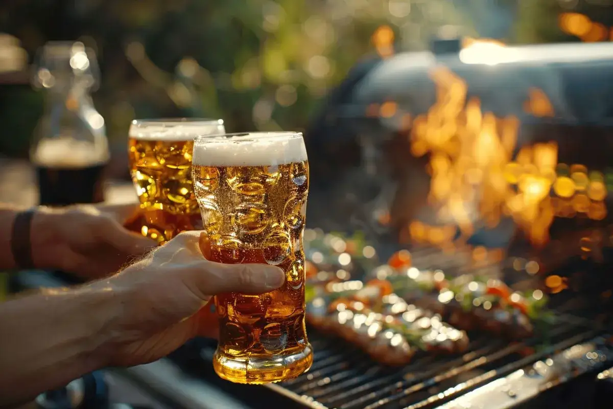 Dwie szklanki orzeźwiającego piwa z lodem, idealne do grillowania. W tle żarzący się grill z kiełbaskami.