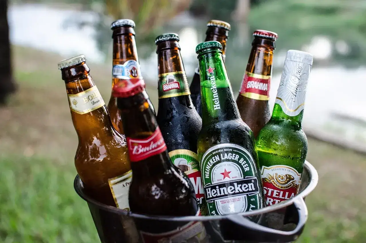 Wiadomo, co to jest piwo: kilka butelek różnych marek, w tym Heineken, Brahma i Stella Artois, schłodzone w metalowym wiadrze.