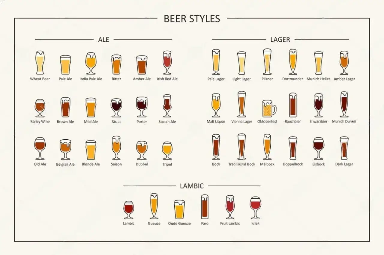 Ilustracja przedstawia różne style piwa: Ale, Lager i Lambic. Każdy styl zawiera wiele odmian, co pokazuje zalety piwa i jego różnorodność.