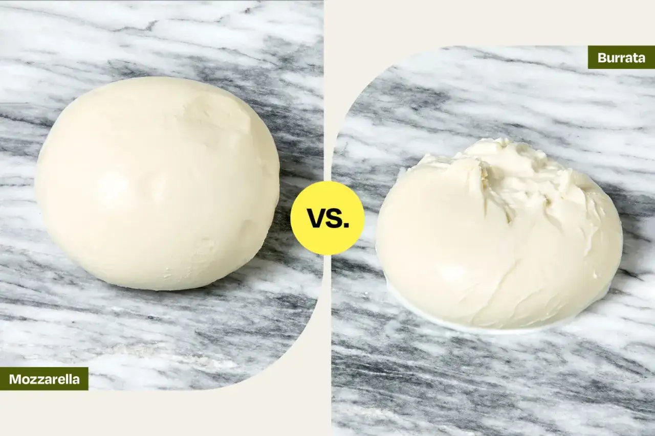 Porównanie: gładka mozzarella vs. burrata. Czy to ser żółty czy biały? Oba są białe, ale burrata ma kremowe wnętrze.