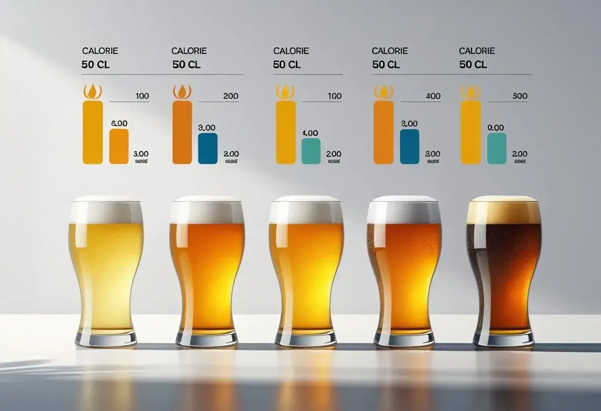 Wykresy pokazują kalorie w piwie 50 cl. Różne rodzaje piwa mają różną zawartość kalorii, od 0 do 400.