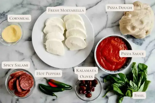 Składniki na pizzę z salami: ciasto, sos, mozzarella, oliwki, papryczki, bazylia i mąka kukurydziana.