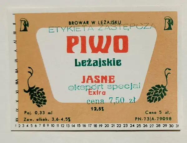 Etykieta piwa Leżajskie Jasne eksport specjal. Cena 7,50 zł, zawartość alkoholu 3,6-4,5%. To jest leżajski full!