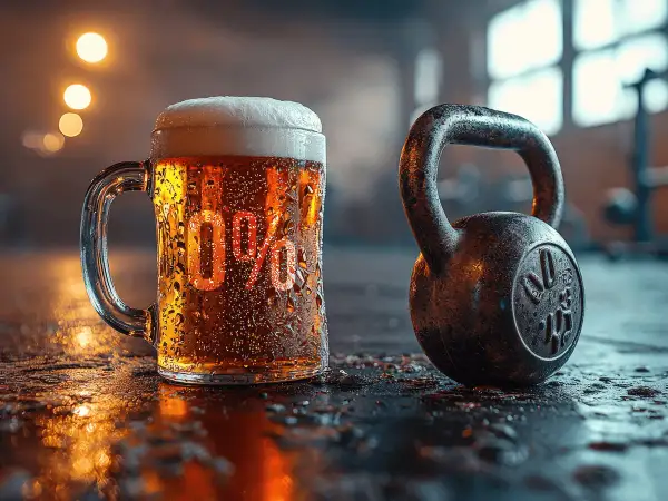 Kufel piwa z napisem "0%" i hantla kettlebell na siłowni. Idealne dla tych, którzy szukają piwa zero cukru po treningu.