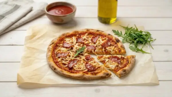 Pyszna pizza pepperoni, z ciągnącym się serem i rukolą. To prawdziwa pizza przemyślana, idealna na każdą okazję.