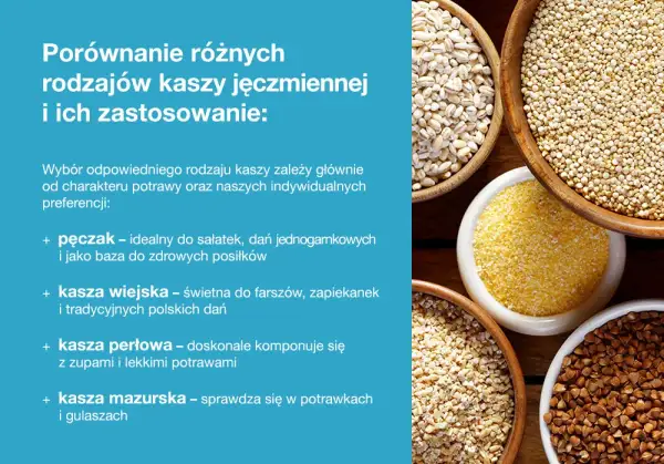 Różne rodzaje kasz: pęczak, wiejska, perłowa i mazurska, z opisem ich zastosowań w kuchni.
