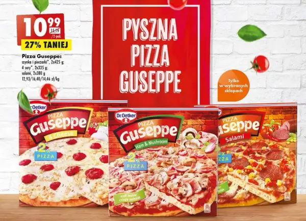 Pyszna pizza Guseppe: 4 sery, szynka i pieczarki, salami. Idealna na szybki obiad, zaspokoi głód i dostarczy energii.