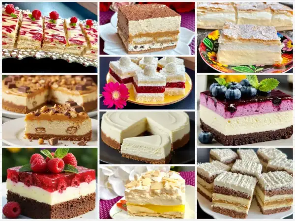 Jakie ciasto! Kolekcja pysznych deserów: sernik z bakaliami, tiramisu, ciasto z malinami i borówkami, a także inne słodkości.