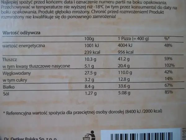 Tabela wartości odżywczych pizzy Guseppe 4 sery: 1 pizza (400g) ma 956 kcal.