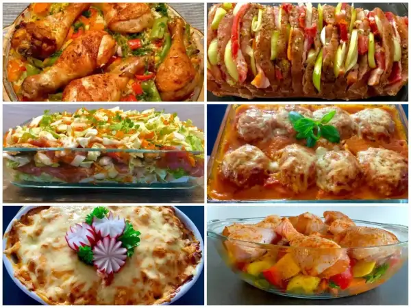 Kolorowe dania, w tym pieczony kurczak z warzywami, zapiekanka mięsna i klopsiki w sosie, to inspiracje kuchni fusion.