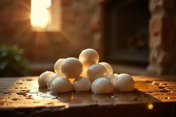 Kula serowa, czy to mozzarella, ser żółty czy biały? Piękne, białe kulki sera w słońcu, na mokrym blacie.