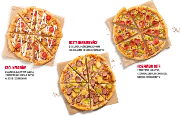 Trzy pizze: Król Kebabów, Uczta Barbarzyńcy i Hiszpański Łotr. Różne rozmiary pizzy i składniki.